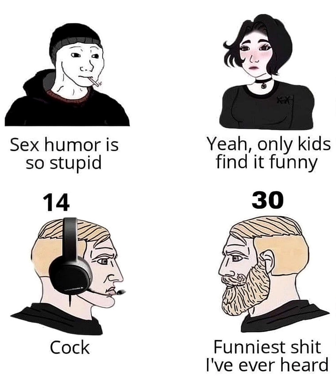 Sex humor is so stupid Мем про эволюцию отношения к пошлому юмору в разном возрасте: в 14 и 30 лет. Сверху показаны люди, считающие такой юмор глупым, а снизу — люди, которым слово «член» кажется очень смешным.