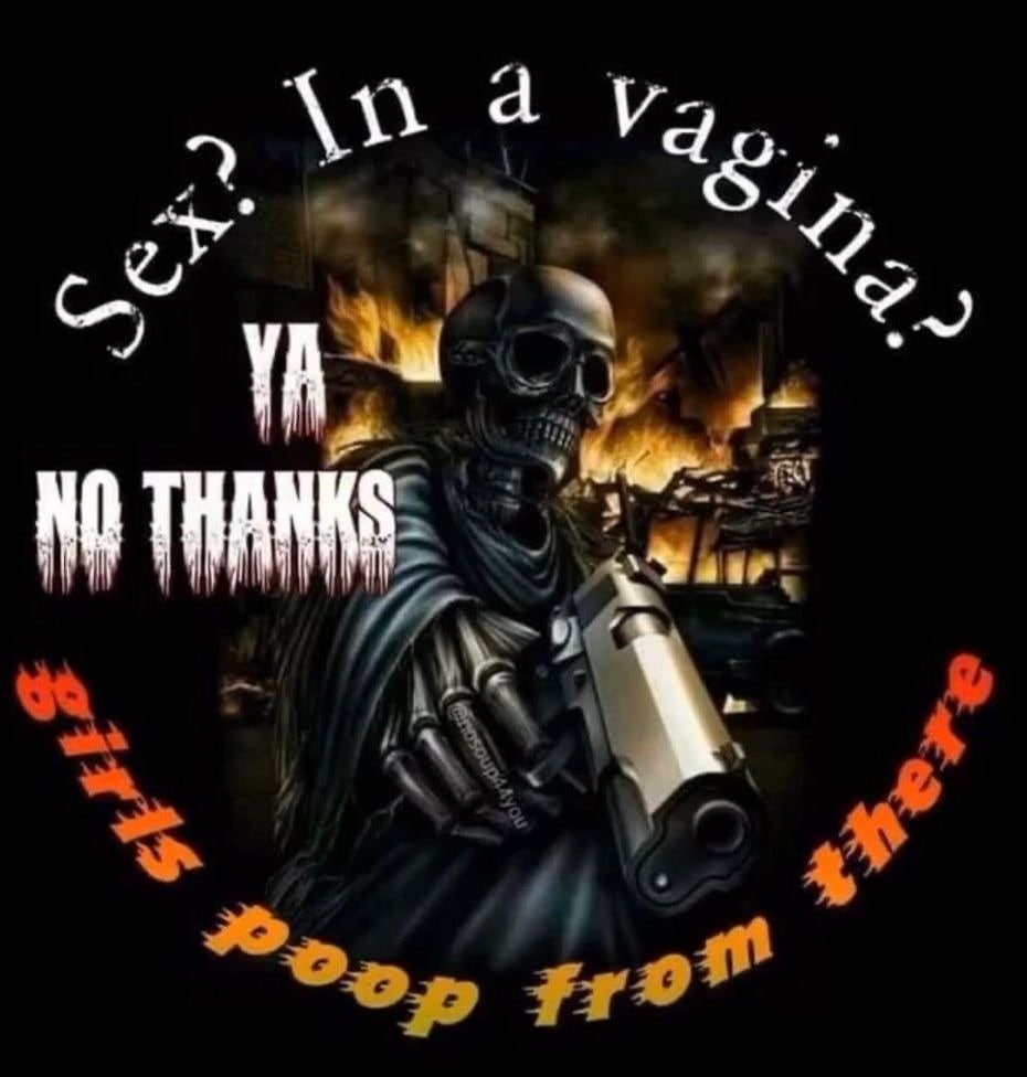 Sex? In a vagina? Ya no thanks Мем со скелетом в капюшоне, который держит пистолет и говорит «Sex? In a vagina? Ya no thanks girls poop from there» на фоне горящего города.
