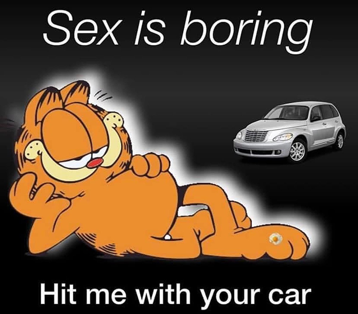 Sex is boring hit me with your car Гарфилд Мем с Гарфилдом и фразой «Sex is boring, hit me with your car»