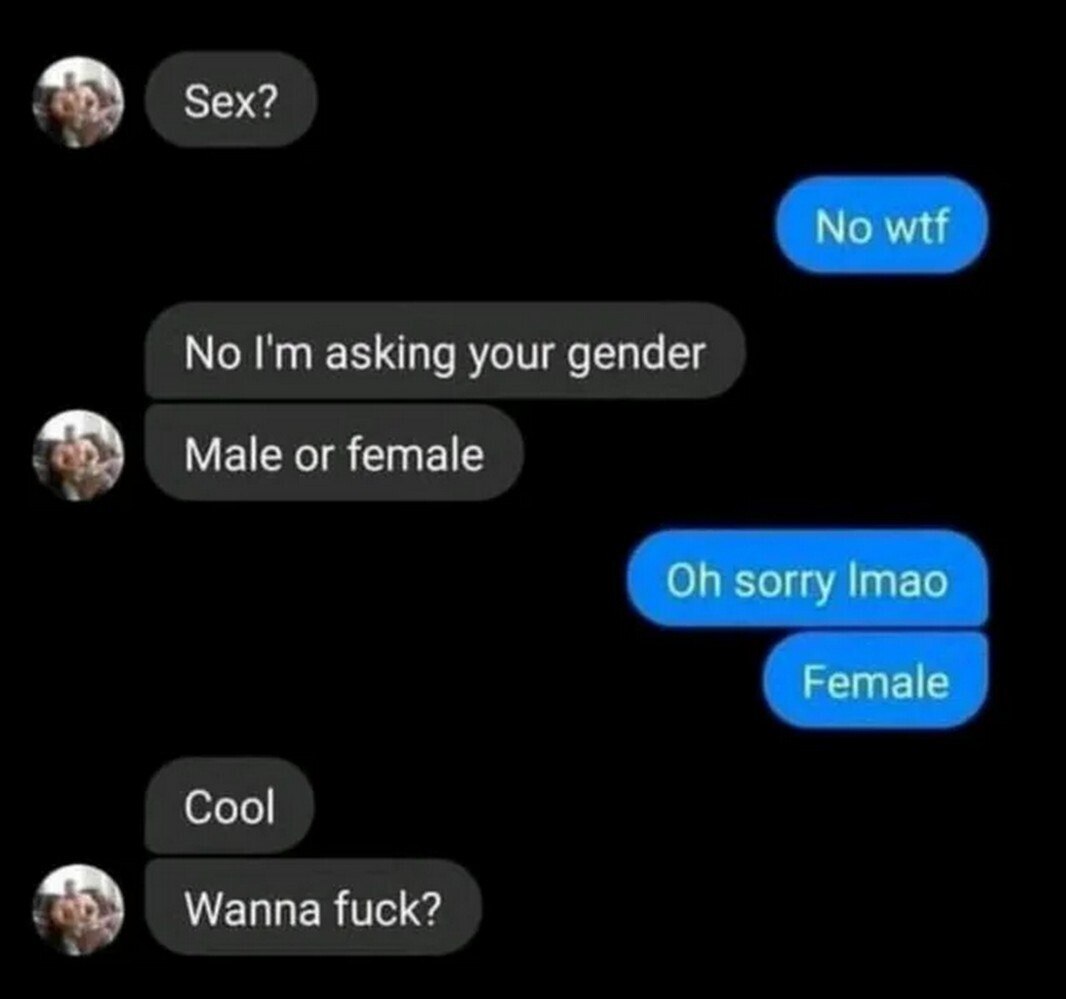 Sex? No I'm asking your gender Мем с перепиской, где человек сначала спрашивает пол, а затем сразу предлагает заняться сексом