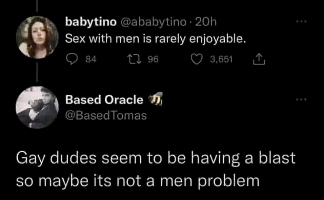 Sex with men is rarely enjoyable gay dudes Мем про то, что секс с мужчинами редко доставляет удовольствие, а парни-геи, кажется, получают огромное удовольствие.