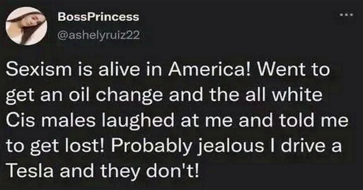 Sexism is alive in America Твит о сексизме и замене масла в Тесле