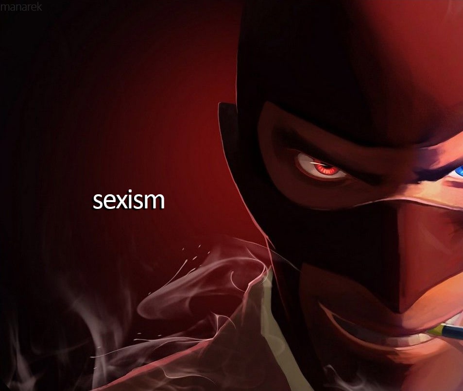 Sexism Spy Team Fortress 2 Секс-шпион из Team Fortress 2 с красными глазами и сигаретой в зубах на красном фоне со словом «sexism»
