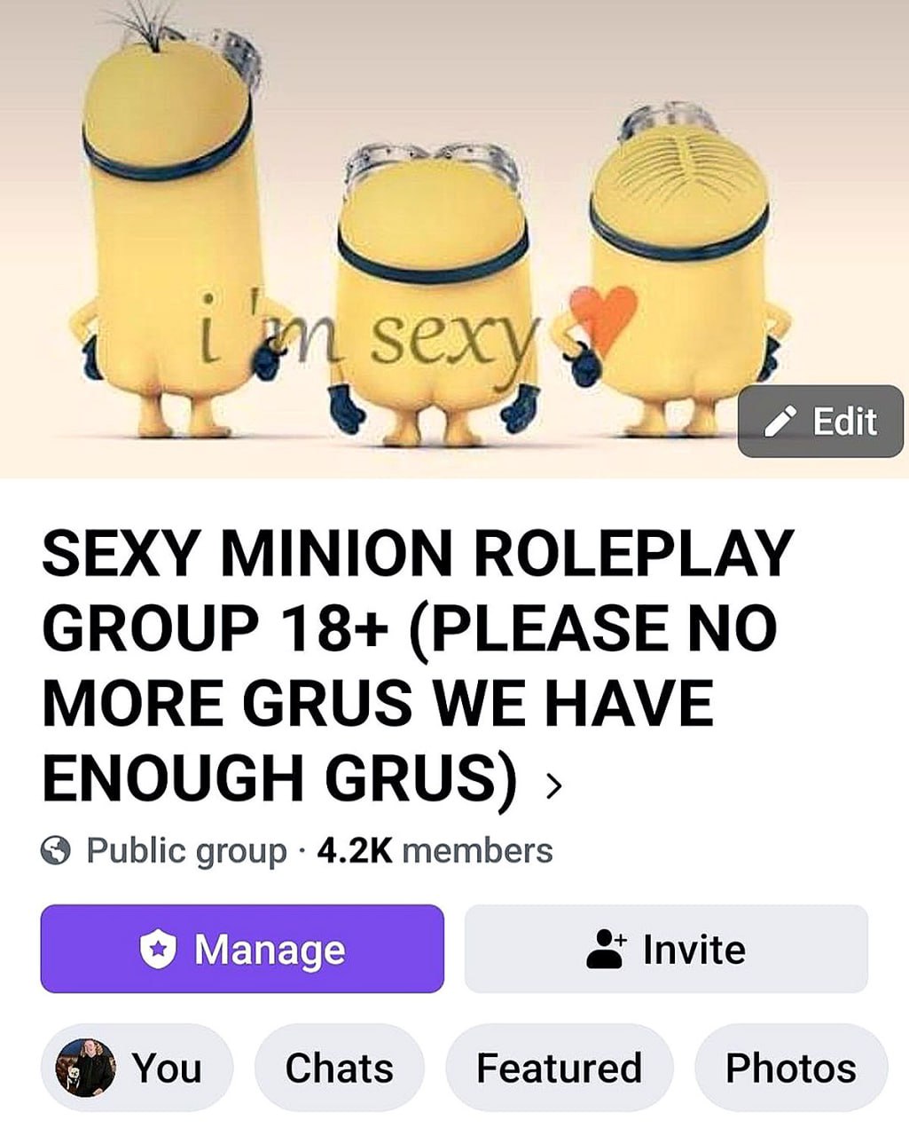 SEXY MINION ROLEPLAY GROUP 18+ Скриншот группы "SEXY MINION ROLEPLAY GROUP 18+" с миньонами в виде половых органов и надписью "I'm sexy"