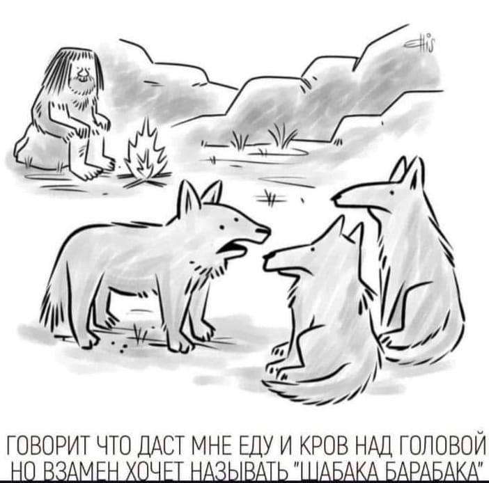 Шабака барабака Волки обсуждают странное имя, которое им предлагает пещерный человек в обмен на еду
