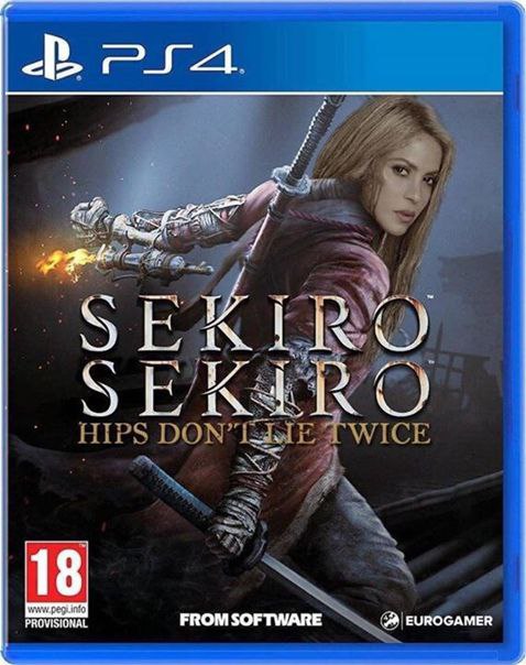 Шакира Секиро Мем с обложкой игры Sekiro: Shadows Die Twice, на которой вместо главного героя изображена певица Шакира, а название изменено на Sekiro: Hips Don't Lie Twice