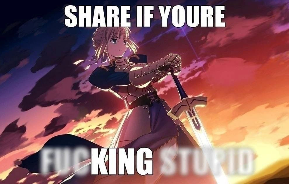 Сэйбер с мечом на фоне заката и надписью «Share if you're fucking stupid» — «Поделись, если ты чертовски тупой».