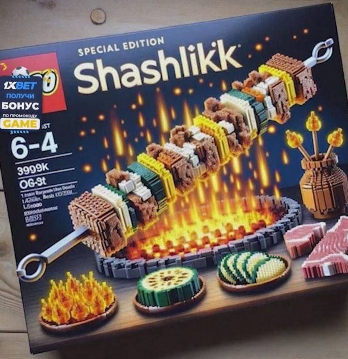 Конструктор Shashlikk Коробка конструктора "Shashlikk" по мотивам LEGO с собранным шашлыком и другими элементами барбекю из "кирпичиков", а также рекламой 1xBet.