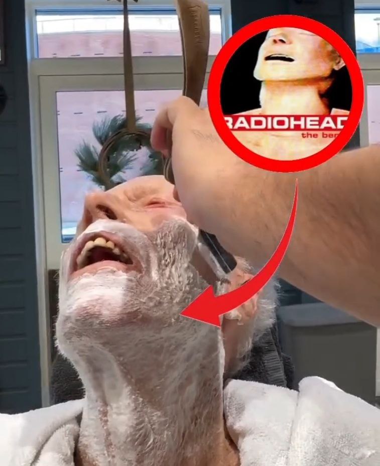 Бритьё, как на обложке Radiohead The Bends Мужчина, которого бреют, выглядит точь-в-точь как персонаж с обложки альбома Radiohead The Bends.