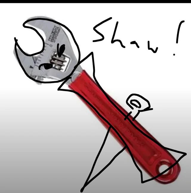 Мем с гаечным ключом, стилизованным под персонажа из Hollow Knight, с надписью «Shaw!»