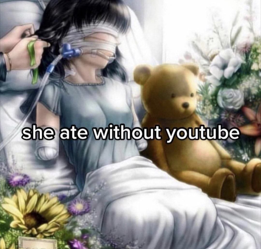 She ate without youtube Грустная иллюстрация с девушкой в больнице, которой закрыли глаза, а также вставили трубку для дыхания и капельницу, рядом с ней сидит плюшевый медведь и стоят цветы. На изображении надпись: "she ate without youtube".