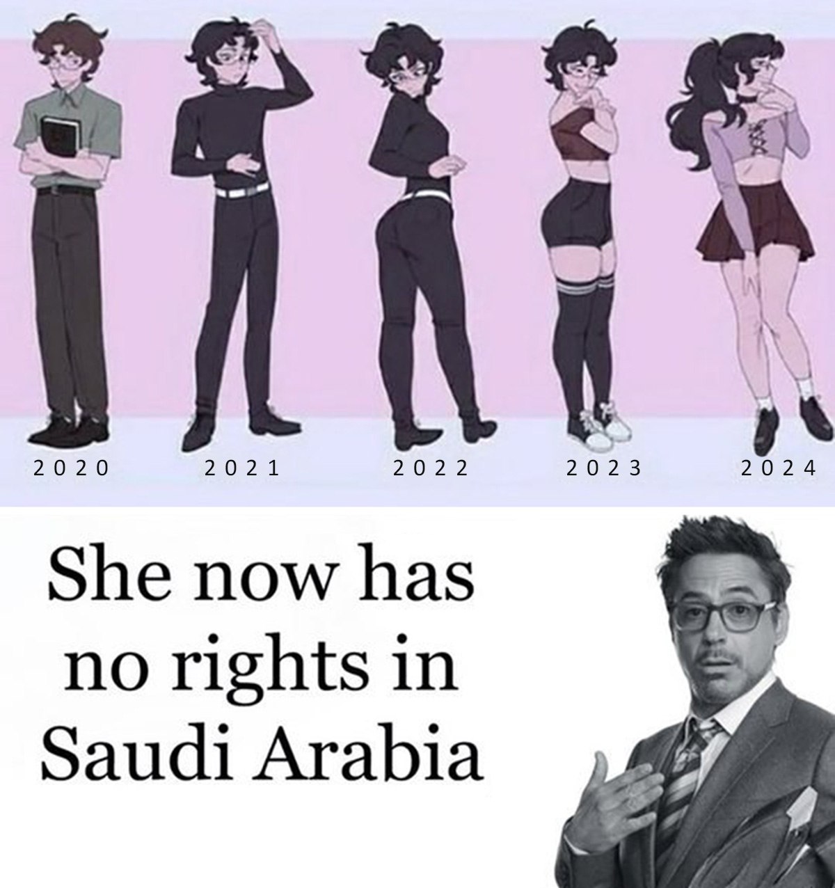 She now has no rights in Saudi Arabia Мем с Робертом Дауни-младшим и трансгендерным человеком, который изменяется на протяжении 5 лет