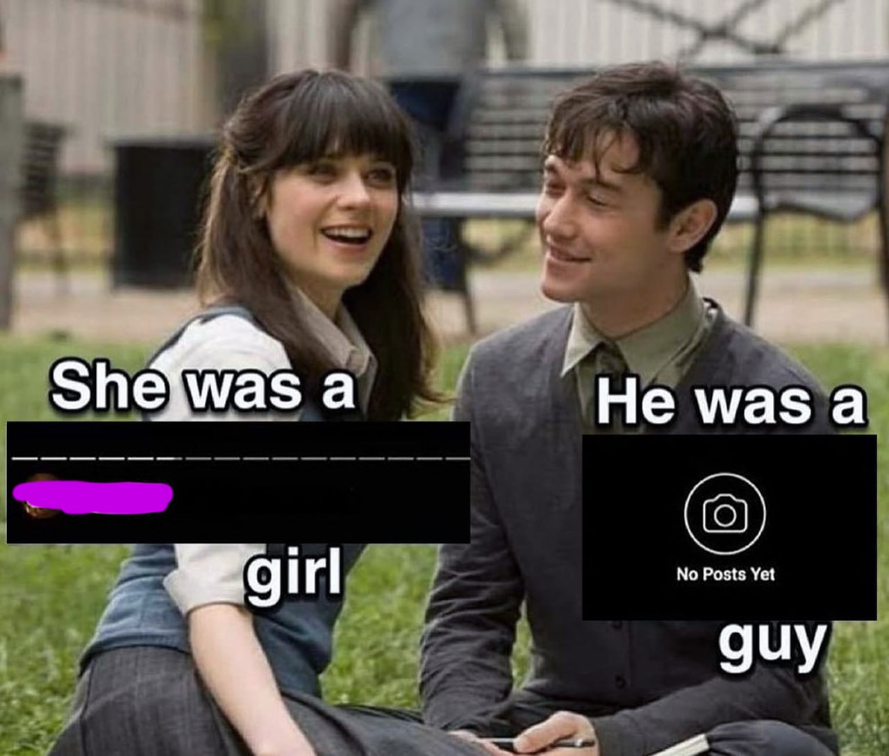 She was a girl, he was a guy Девушка с длинным никнеймом и парень без постов в Инстаграме из мема «She was a girl, he was a guy»