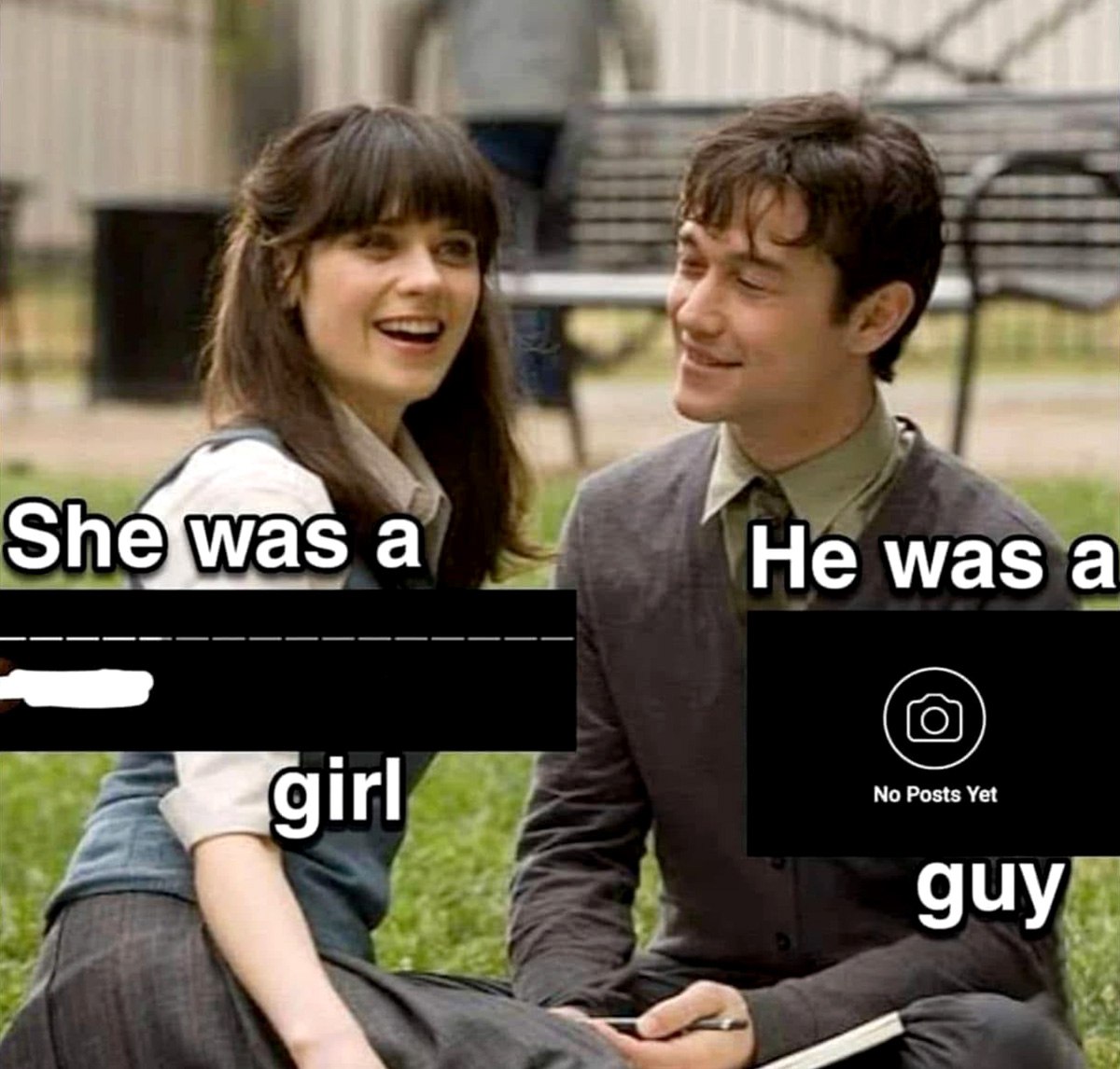 Она была девушкой, он был парнем Мем с фразой "She was a girl, he was a guy" и актерами из фильма "500 дней лета"