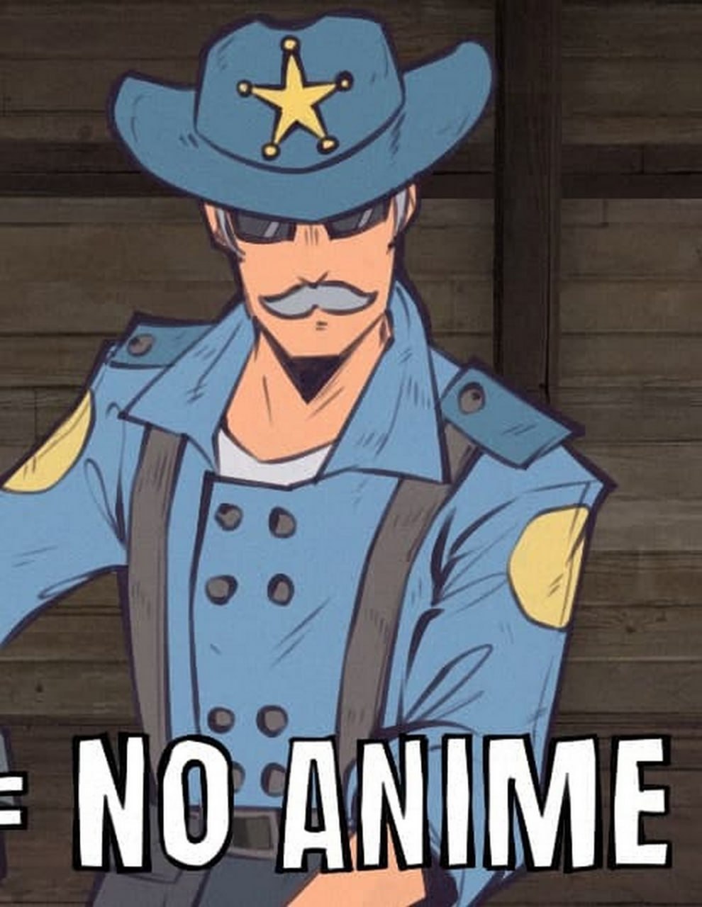 Шериф NO ANIME Шериф или полицейский в шляпе и очках с надписью «NO ANIME»