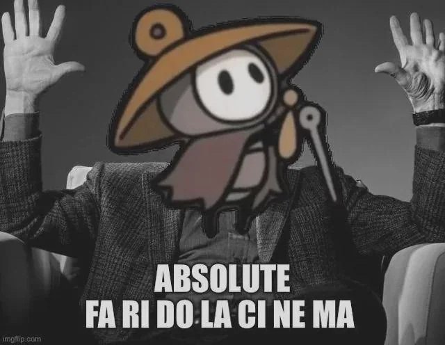 Шерма из Silksong "Absolute Farido Lacine Ma" Мем с персонажем Шермой из Silksong, говорящим "Absolute Farido Lacine Ma" на фоне человека, сидящего в кресле с поднятыми руками