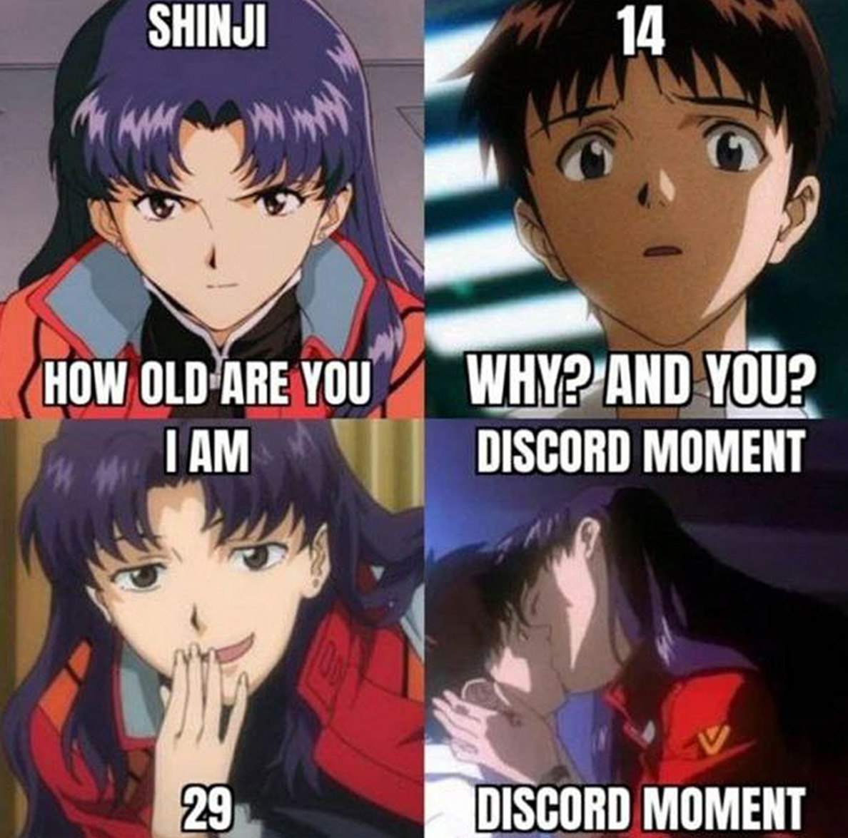 Shinji, how old are you Мем Shinji, how old are you с кадрами из Евангелиона и надписями Discord moment