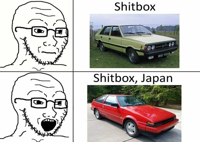 Shitbox Japan Мем "Shitbox Japan" показывает разницу в реакции на старые машины из разных стран, особенно японские авто.