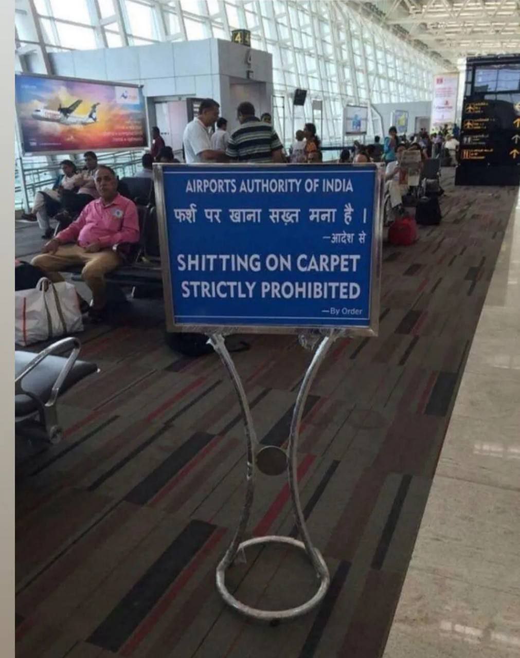 Shitting on carpet strictly prohibited Знак "Испражняться на ковре строго запрещено" в индийском аэропорту
