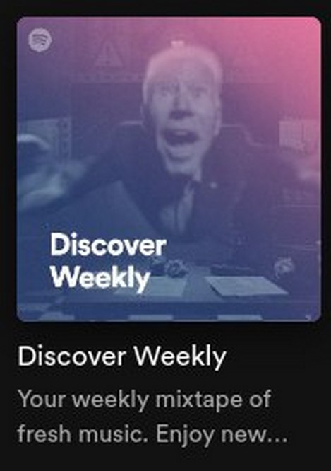 Шокированный Джо Байден Discover Weekly Мем со скриншотом Spotify, где на обложке плейлиста Discover Weekly изображен шокированный Джо Байден с широко открытым ртом