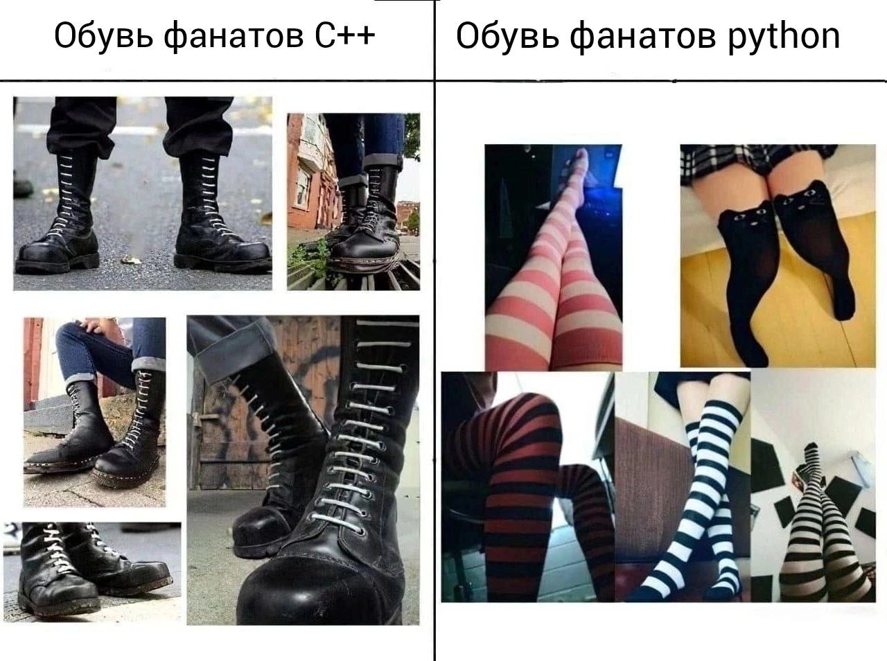 Обувь фанатов C++ и python Мем про сравнение обуви фанатов языков программирования C++ и Python