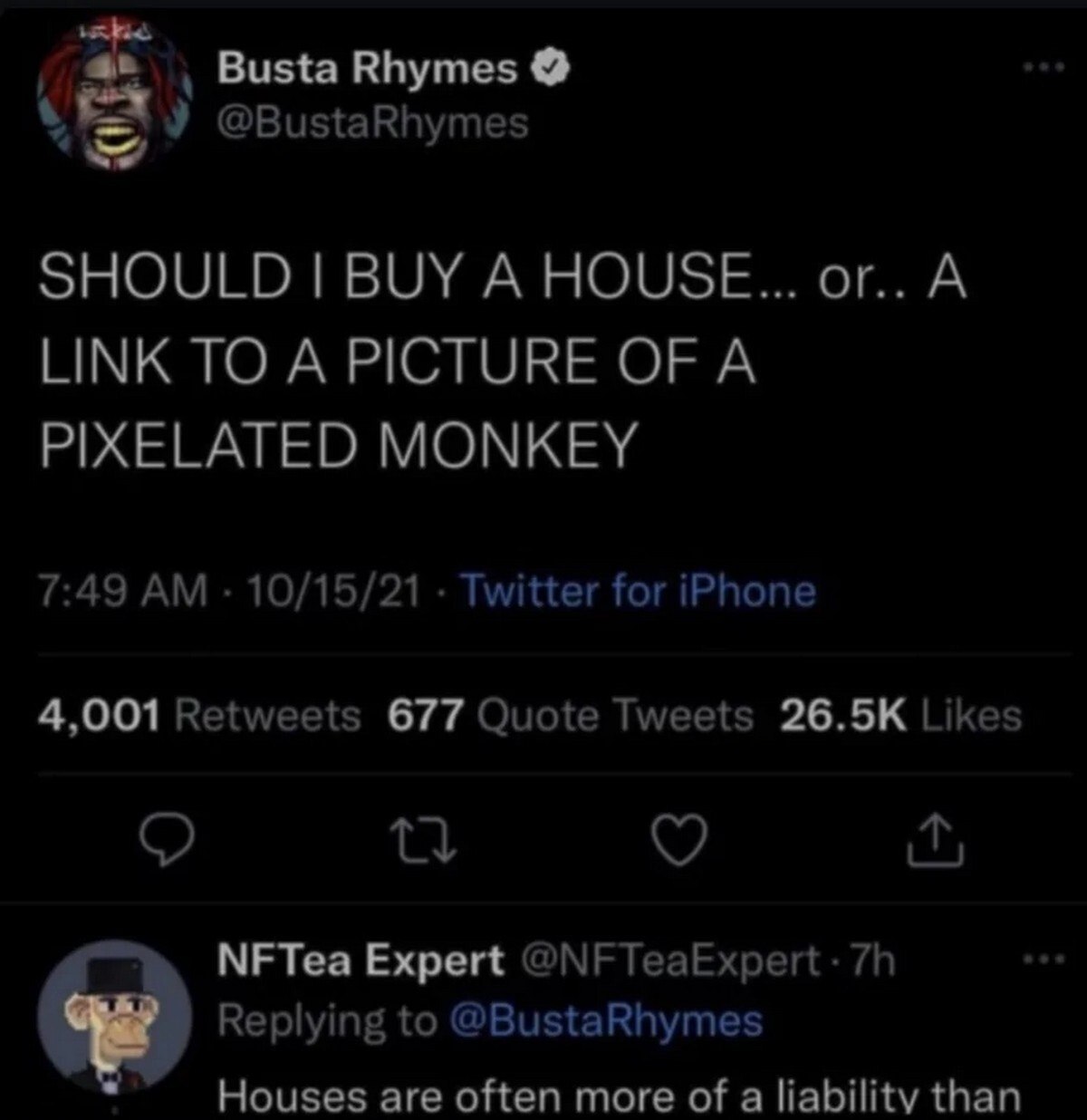 Busta Rhymes спрашивает, купить ли ему дом или ссылку на изображение пиксельной обезьяны, а NFT-эксперт объясняет, почему дом может быть обузой.