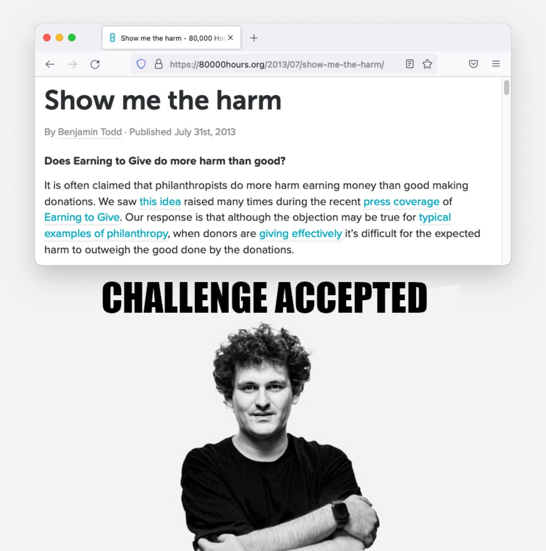 Скриншот статьи «Show me the harm» и Сэм Бэнкман-Фрид с надписью «Challenge accepted»