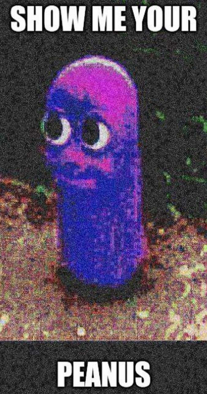 Show me your peanus Мем с фиолетовым существом, которое спрашивает "Show me your peanus".