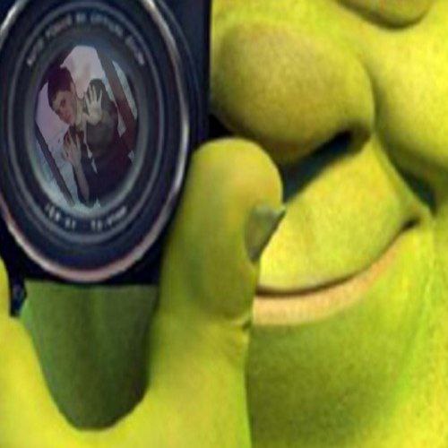 Шрек фотографирует Шрек держит камеру и фотографирует испуганного человека, отраженного в объективе