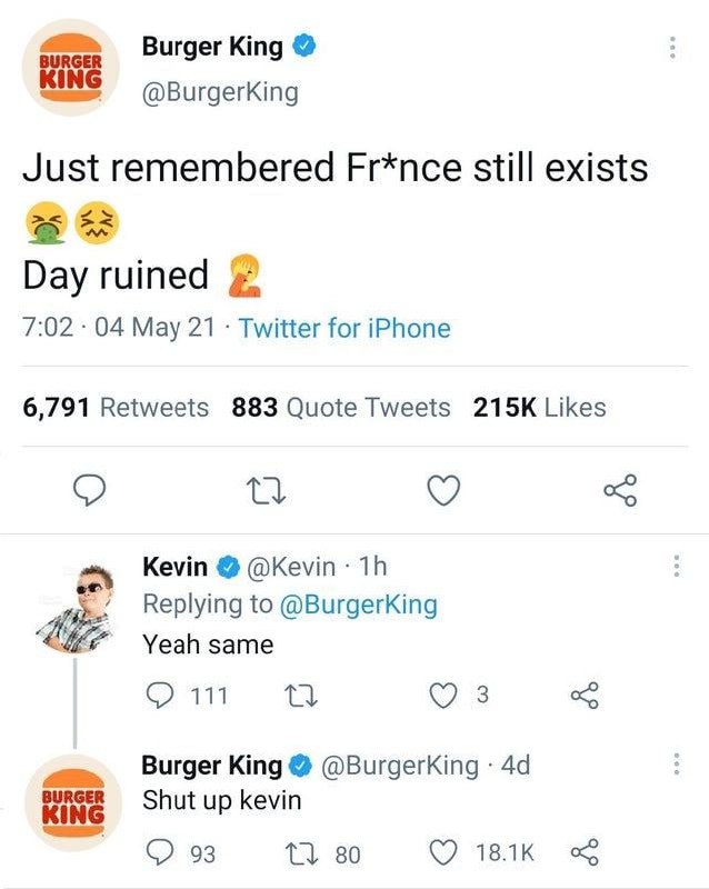 Заткнись, Кевин от Бургер Кинг Мем с перепиской в Твиттере, где Burger King говорит: "Заткнись, Кевин"