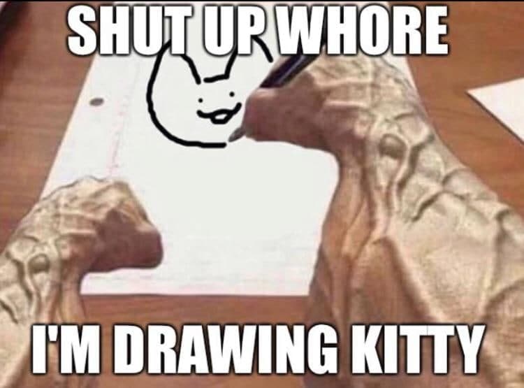 Shut up whore, I’m drawing kitty Морщинистые руки, напоминающие конечности инопланетянина, рисуют мордочку кота на листе бумаги. Сверху надпись «Shut up whore», снизу «I’m drawing kitty».