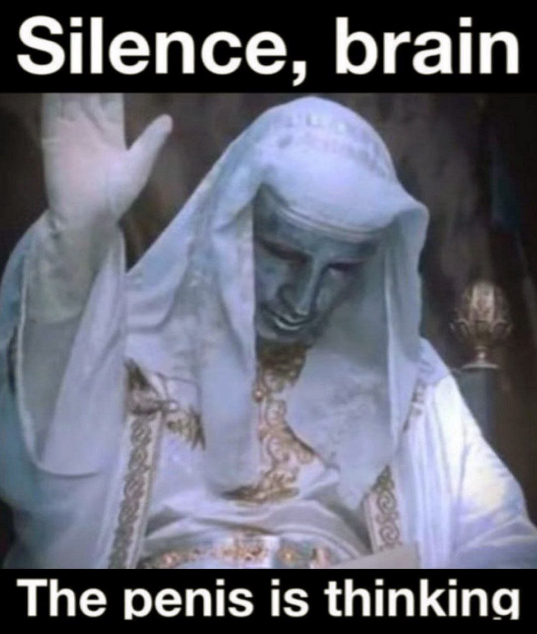 Silence, brain, the penis is thinking Мем с надписью «Тишина, мозг, член думает» и изображением персонажа в белых одеждах, поднимающего руку