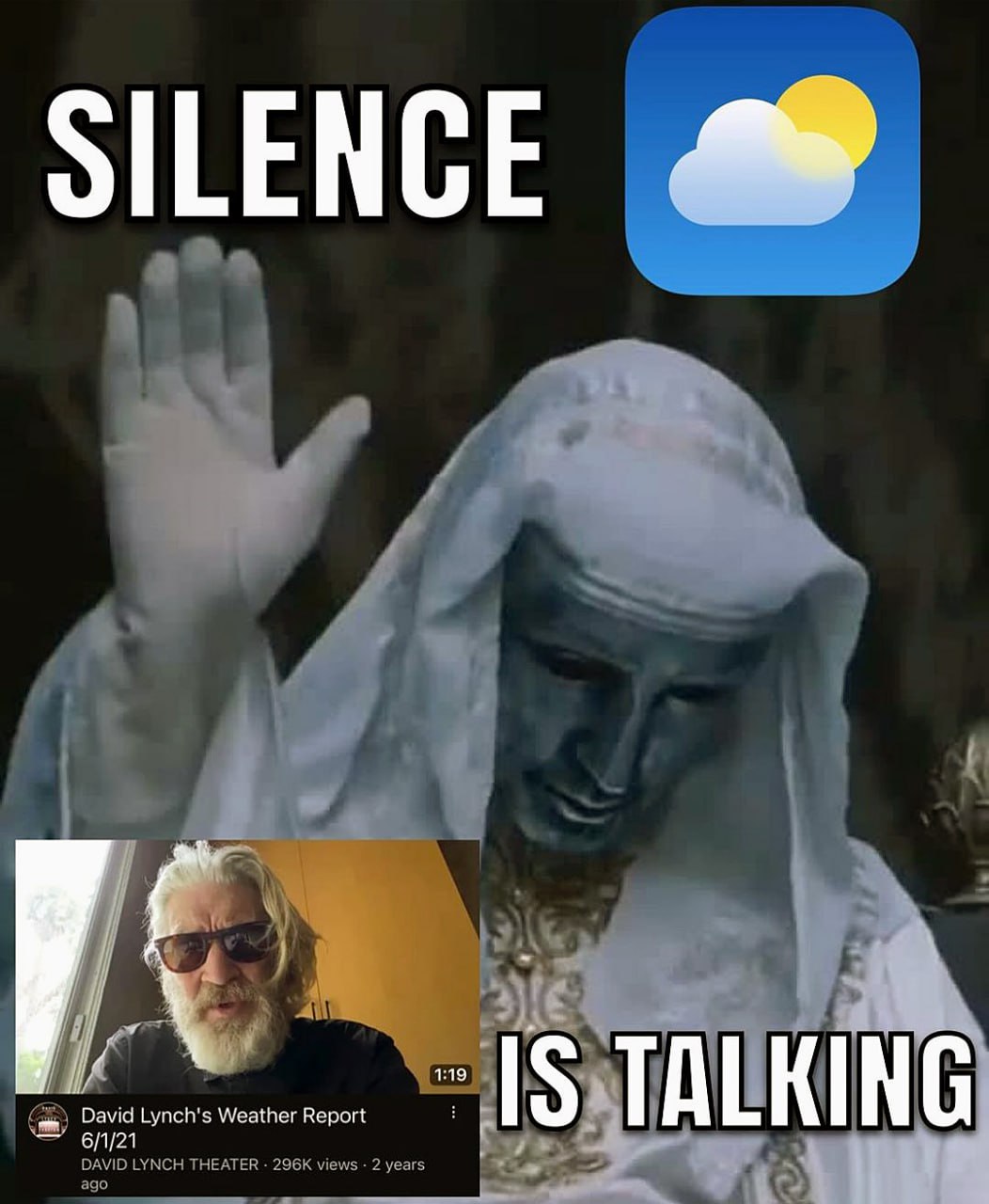 Silence is talking Дэвид Линч прогноз погоды Мем с надписью «Silence is talking» и скриншотом прогноза погоды Дэвида Линча