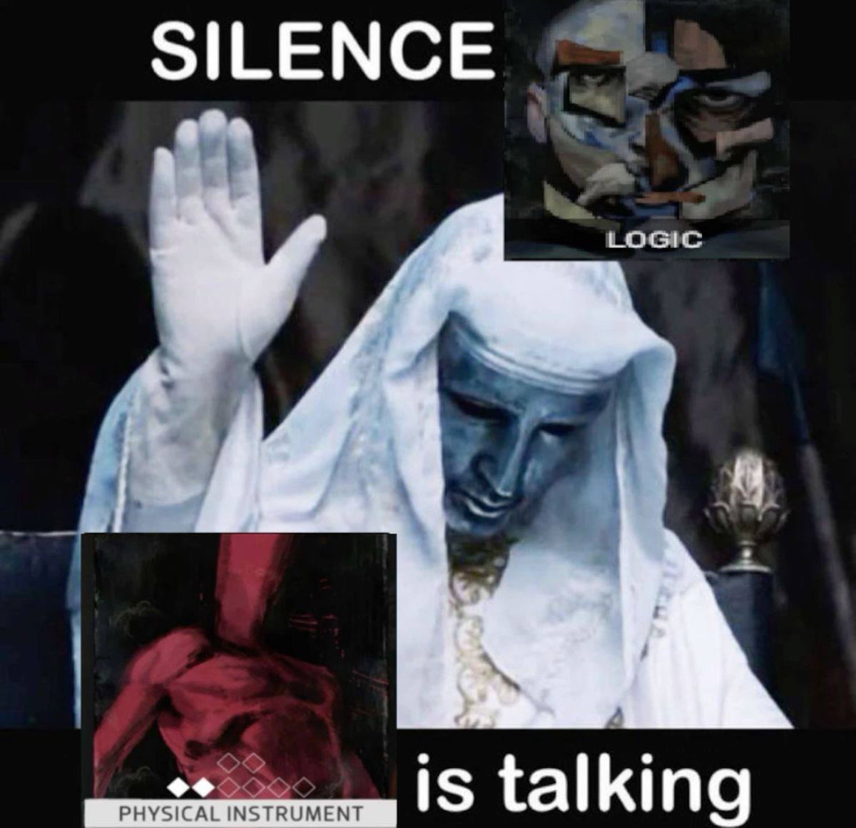 Silence, Logic is talking Мем про Silence, Logic is talking с человеком в маске и обложками музыкальных альбомов
