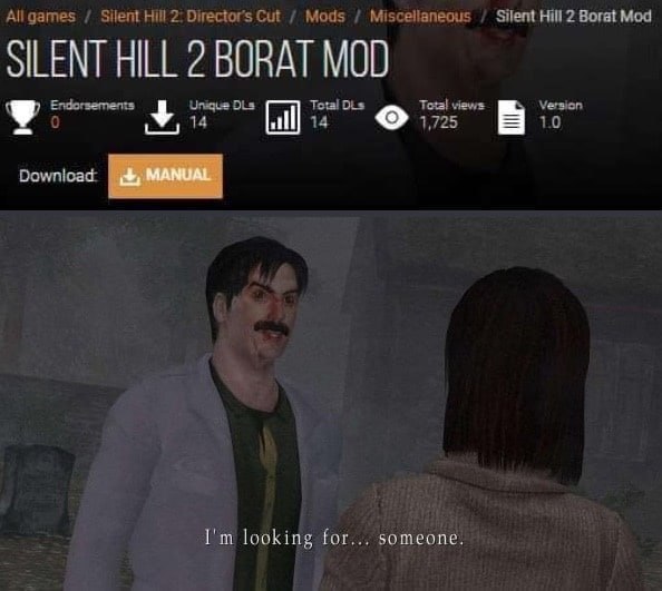 Silent Hill 2 Borat mod Мод Бората в Silent Hill 2, где он ищет кого-то