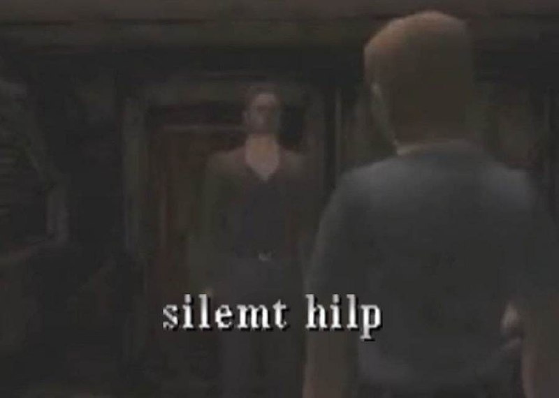 Silent hilp Джеймс Сандерленд встречает Марию в игре Silent Hill 2 с надписью "Silent hilp"