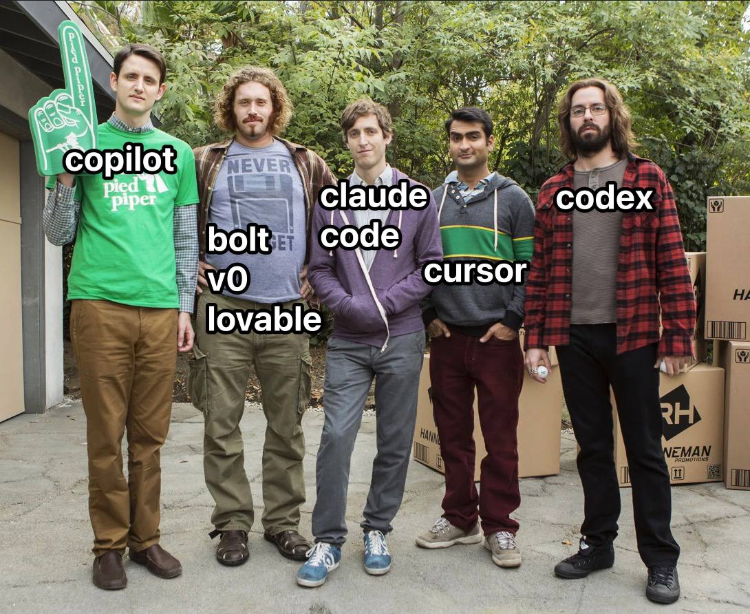 Мем Silicon Valley с надписями copilot, bolt, claude, cursor, codex Пять персонажей из сериала «Кремниевая долина» стоят в ряд, каждый из которых подписан названием различных инструментов и моделей искусственного интеллекта для помощи в написании кода: copilot, bolt, v0, lovable, claude, code, cursor, codex