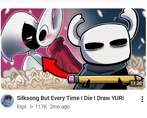 Миниатюра видео по Silksong: каждый раз после смерти игрок рисует YURI рядом с The Knight