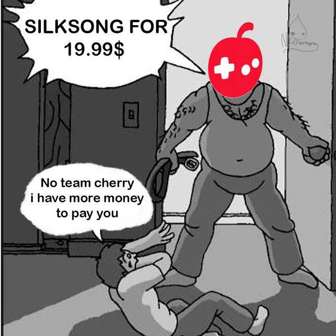Silksong за 19.99$ Мем с человеком, который хочет заплатить больше за игру Silksong, но разработчики просят только 19.99$