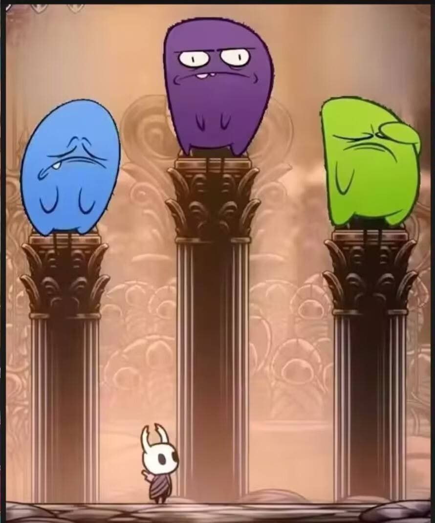 Силксонг и падение серверов стима Маленький рыцарь из игры Hollow Knight стоит перед тремя разноцветными монстрами из мультсериала Oddbods, каждый из которых сидит на своей колонне, а на фоне Силксонг и падение серверов стима