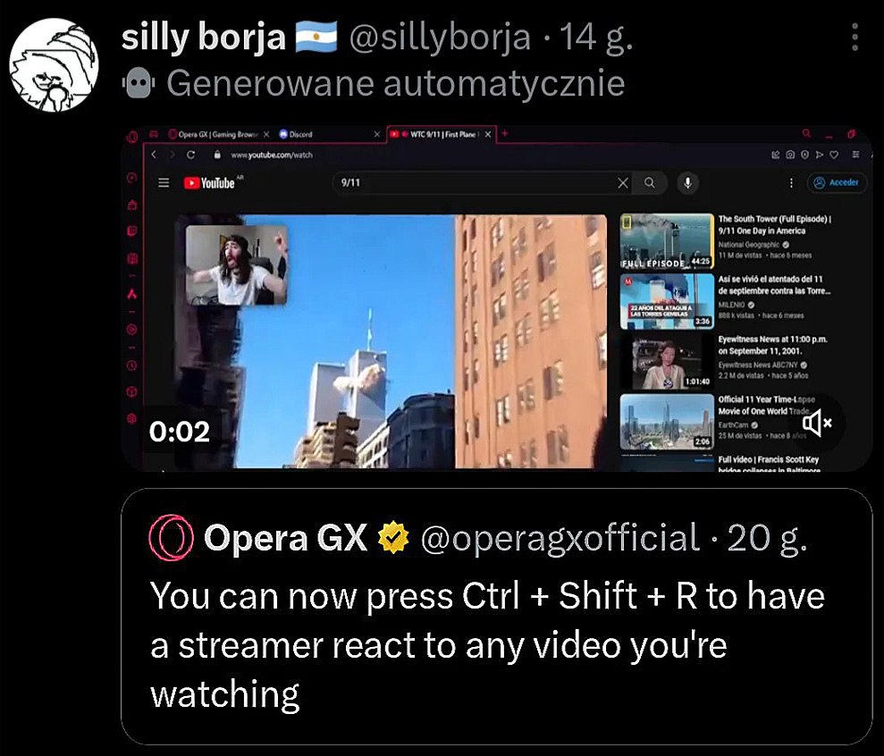 Silly Borja и Opera GX: реакция на 9/11 Silly Borja делится скриншотом, на котором Opera GX показывает функцию реакции стримера на видео 9/11