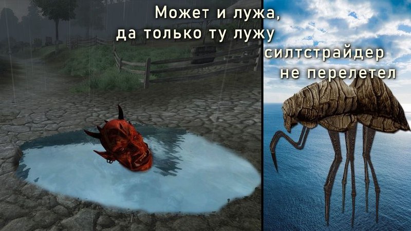Силтстрайдер не перелетел лужу Две игровые сцены в одном меме: слева голова даэдра, торчащая из лужи в Обливионе, а справа силтстрайдер на фоне моря. Мем гласит, что силтстрайдер не перелетел даже такую лужу.