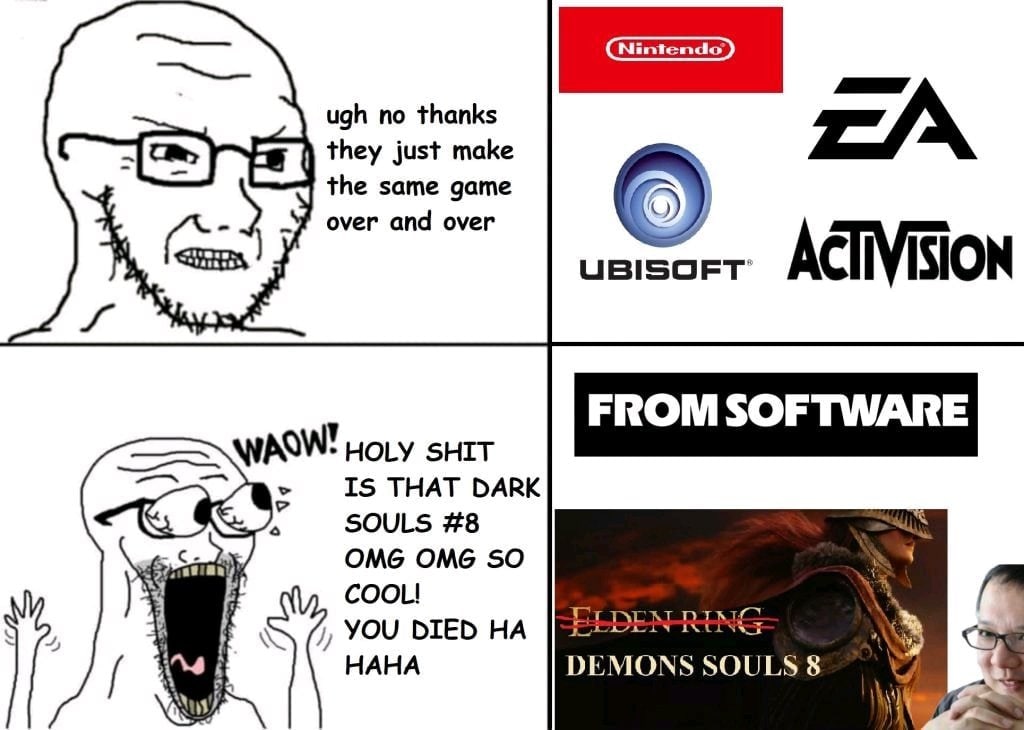 Одинаковые игры от FromSoftware Контраст между негативным отношением к постоянному выпуску одинаковых игр крупными студиями и восторгом от новых игр FromSoftware, которые часто воспринимаются как вариации серии Souls.