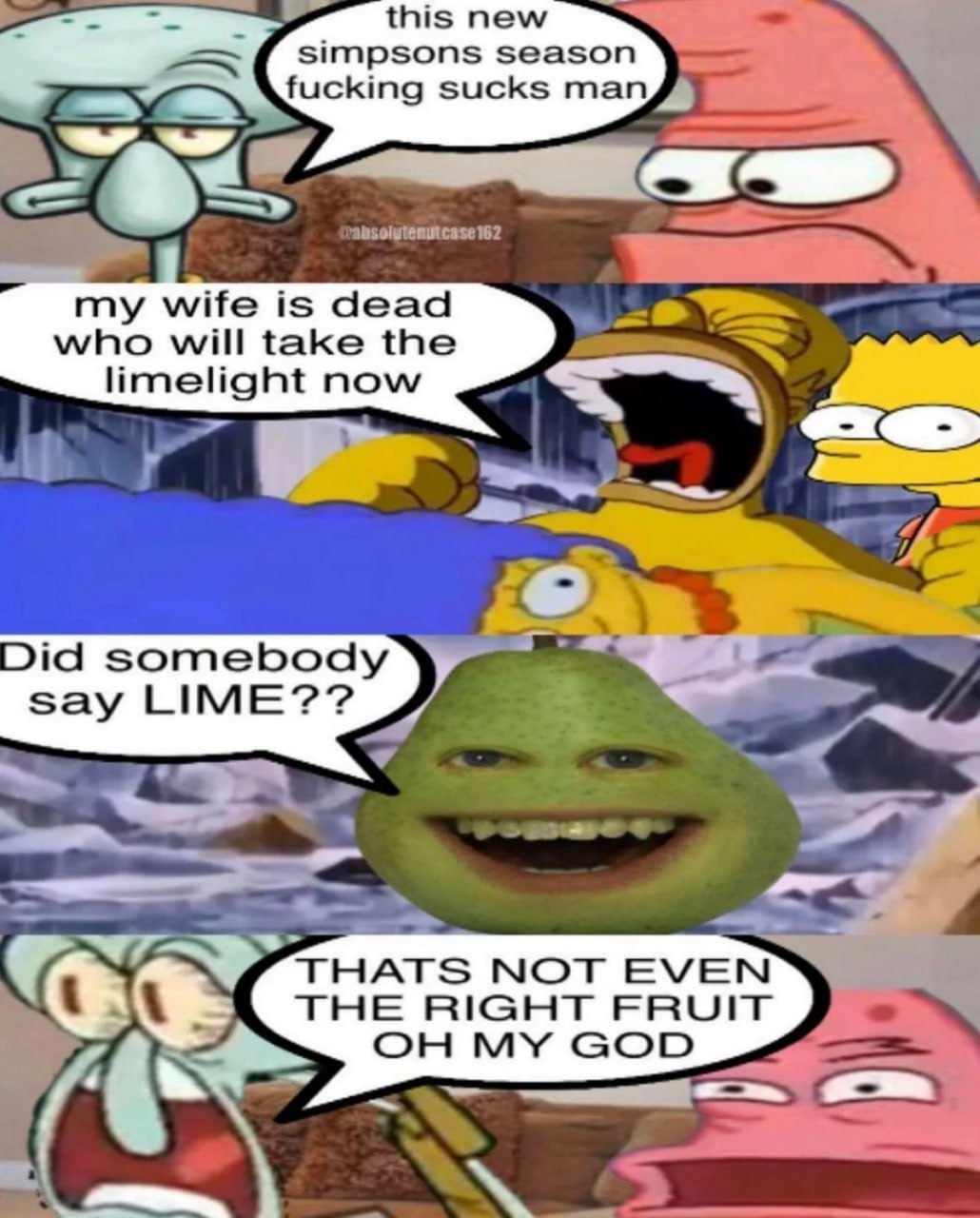 Мем "Did somebody say LIME??" Мем, где Сквидвард и Патрик недовольны новым сезоном "Симпсонов", Гомер оплакивает Мардж, а груша из "Надоедливого апельсина" вмешивается, когда слышит слово "limelight" (лаймлайт, англ. прожектор).