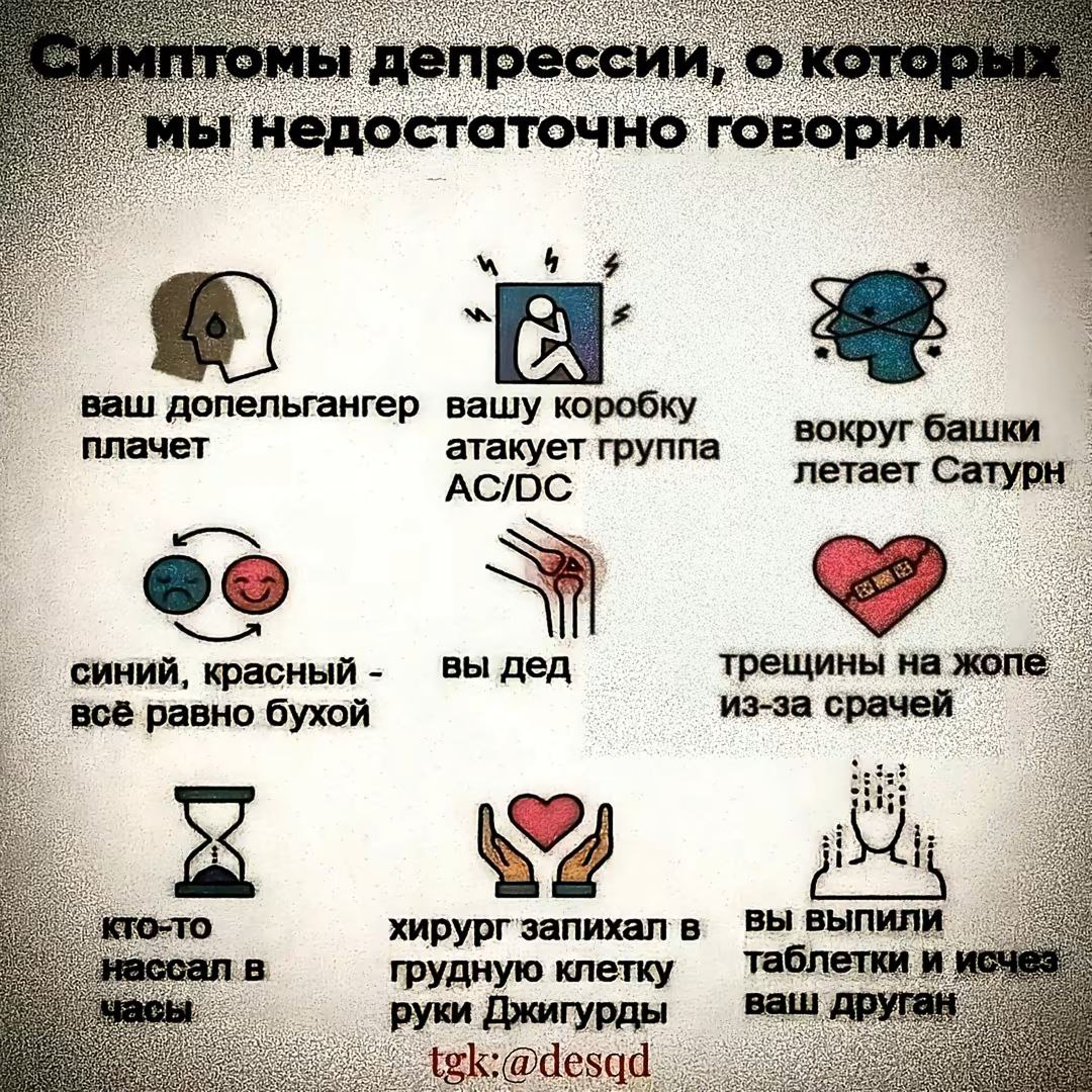Симптомы депрессии, о которых мы недостаточно говорим Мем со списком абсурдных и юмористических «симптомов депрессии» с иллюстрациями, таких как плачущий доппельгангер и Сатурн, летающий вокруг головы.