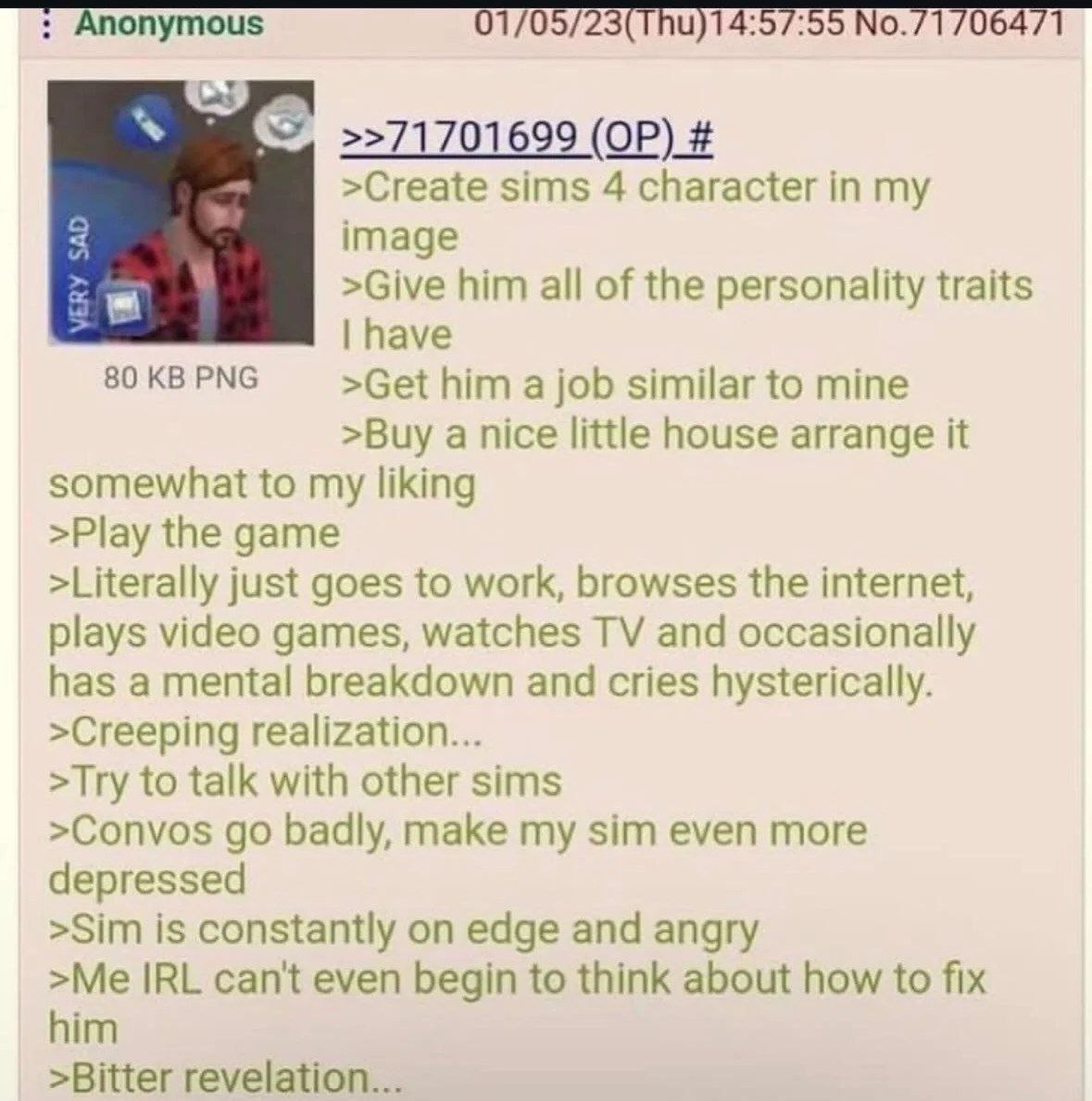 Симс 4 персонаж по моему образу Мем из 4chan, где аноним создал персонажа в Sims 4, основываясь на себе, и обнаружил, что его игровой двойник тоже страдает от депрессии.