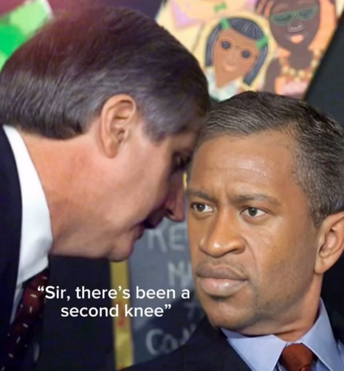 Sir, there's been a second knee Мужчина шепчет на ухо другому: "Сэр, появилось второе колено"