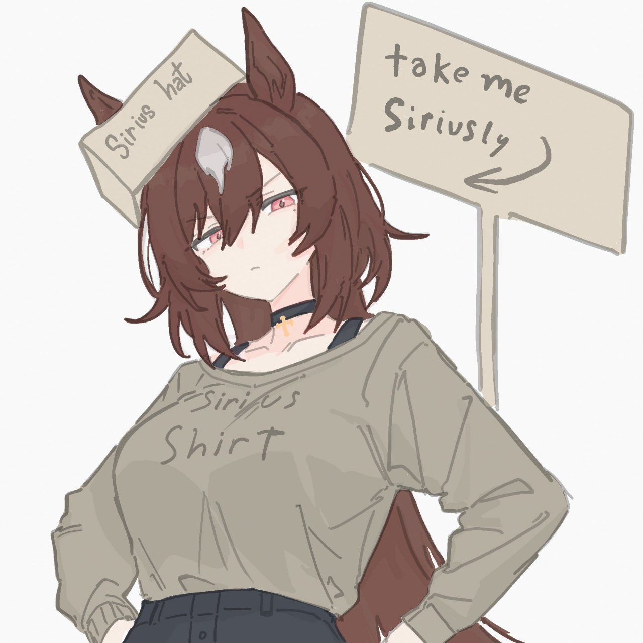 Аниме-девушка в шляпе и футболке с надписями про Sirius: «Sirius hat», «take me Siriously» и «Sirius Shirt».