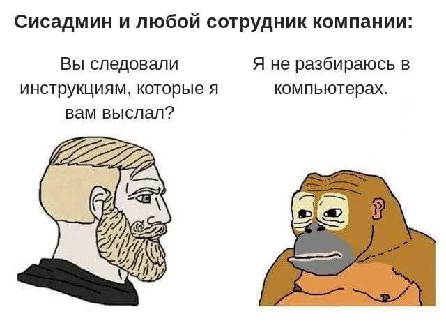 Сисадмин и любой сотрудник компании Мем с сисадмином и любым сотрудником компании, где сисадмин спрашивает, следовали ли инструкциям, а сотрудник отвечает, что не разбирается в компьютерах.