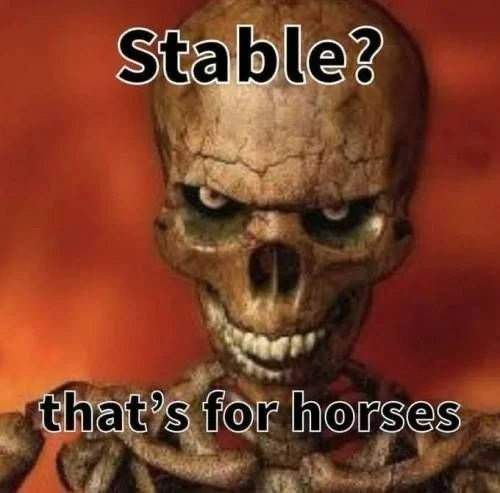 Скелет Stable that’s for horses Мем со скелетом и надписями Stable that’s for horses на красном фоне
